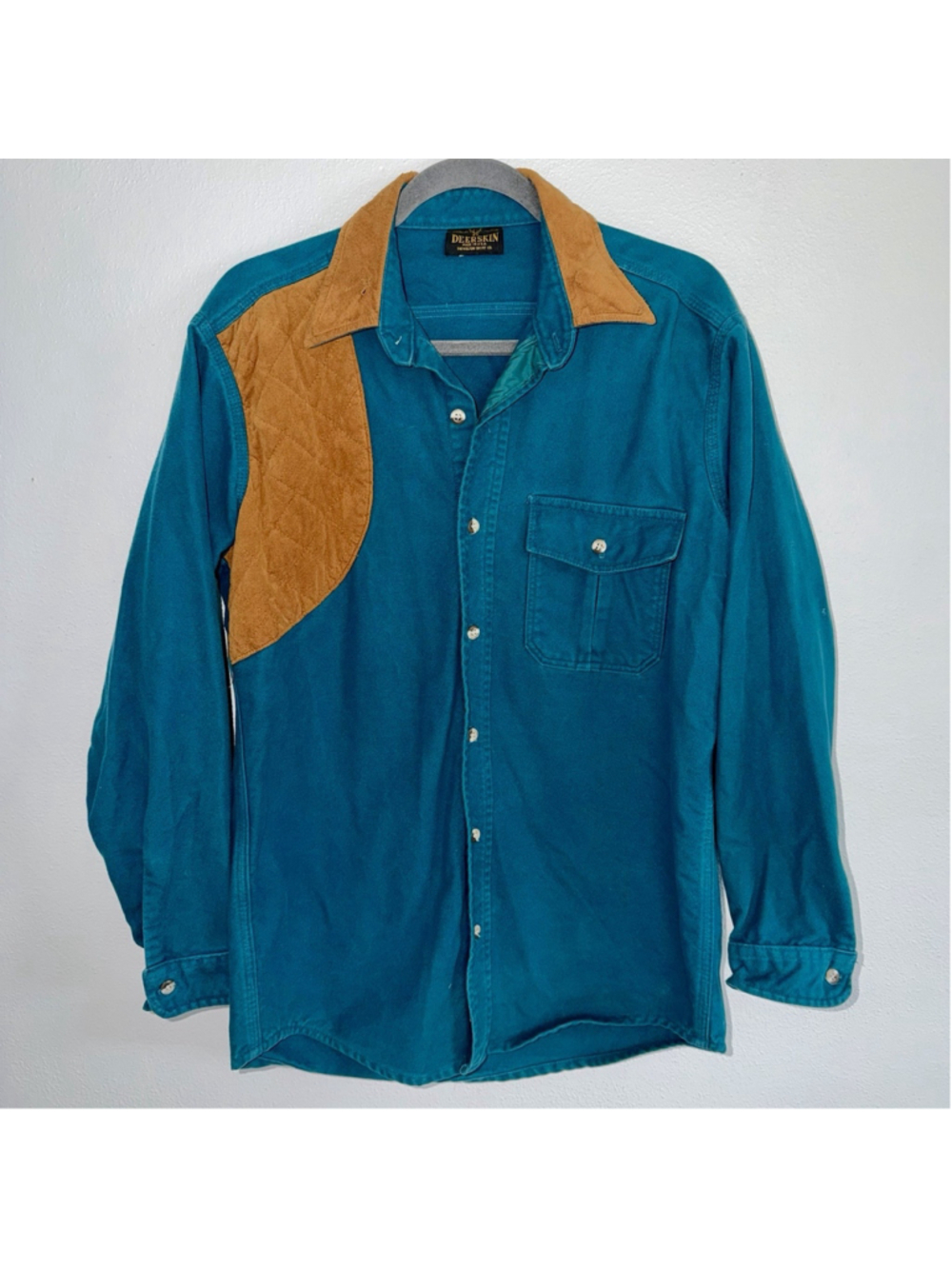 Vintage Deerskin Shooting Shirt Mens M Teal Suede Yoke Western Rodeo USA Made